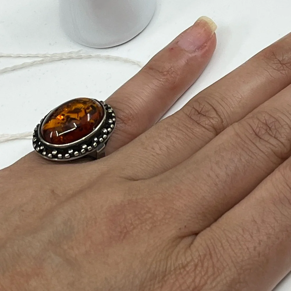 Vintage 925 Poland Baltic Amber Sterling Silver Ring, Size 5.5 - Picture 12 of 16